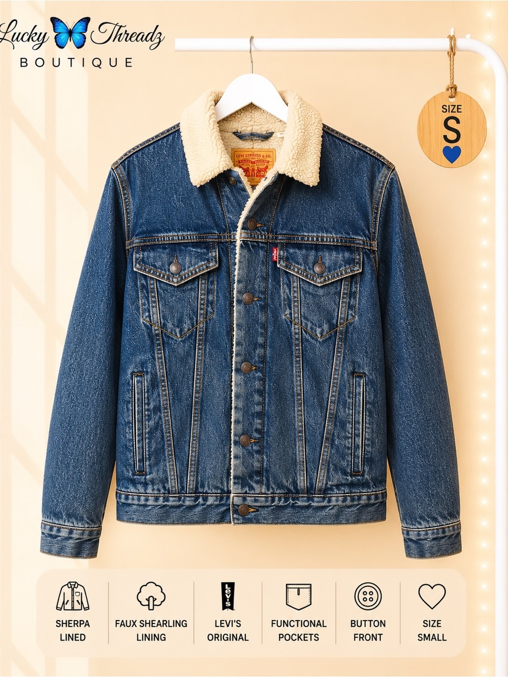 Levi’s Womens Sherpa Lined Trucker Denim Jacket Small S Blue Jean Coat⁠